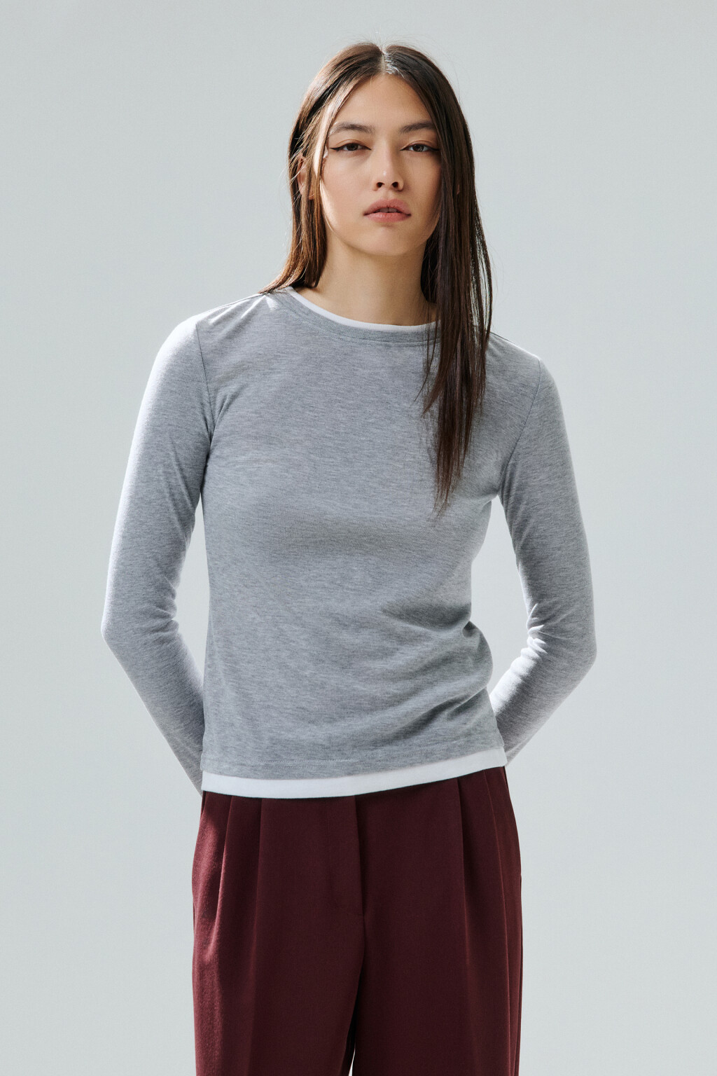 Лонгслив с имитацией второго слоя - цвет серый - 2